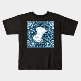 butterflies on muted teal and blue pattern of swirls and dots for kids and nursery Kids T-Shirt